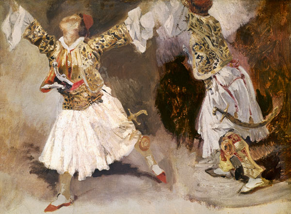Two Greek Soldiers Dancing (Study of Soliote Dress) od Ferdinand Victor Eugène Delacroix