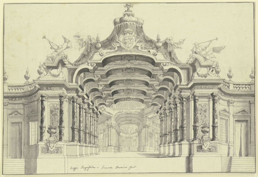 Eine große Halle mit einem Baldachin überbaut, unter welchem ein Wappen zu sehen ist, rechts und lin od Ferdinando Bibièna