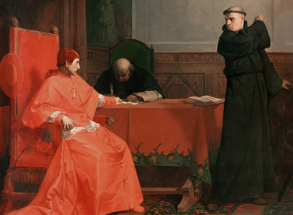 Luther in front of Cardinal Cajetan during the controversy of his 95 Theses od Ferdinand Wilhelm Pauwels