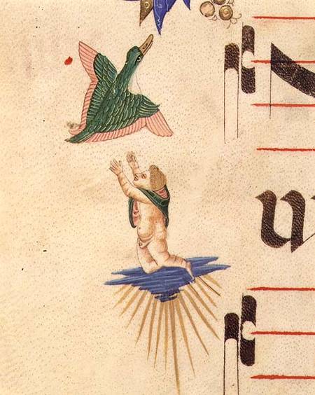 Missal 515 f.13v A cloaked cherub trying to catch a flying bird, from a decorative border od Filippo di Matteo Torelli