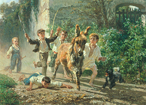 Kinder jagen einen Esel. od Filippo Polizzi