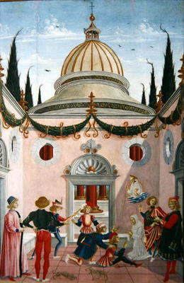 St. Bernardino of Siena (1380-1444) saving a young man hit on the head with a shovel, 1473 (oil on p od Fiorenzo di Lorenzo