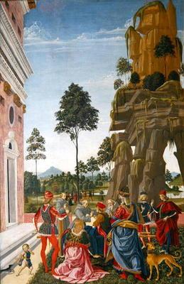 St. Bernardino of Siena (1380-1444) healing a paralytic man, 1473 (oil on panel)