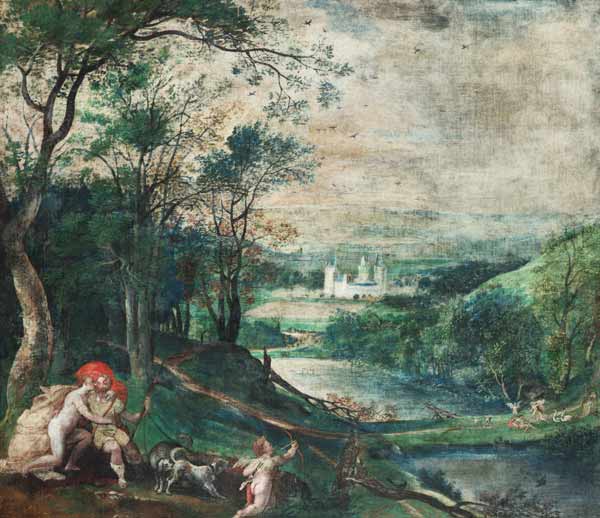 Venus and Adonis in a wooded Landscape in front of Castle Beersel od Flämisch/Holländisch