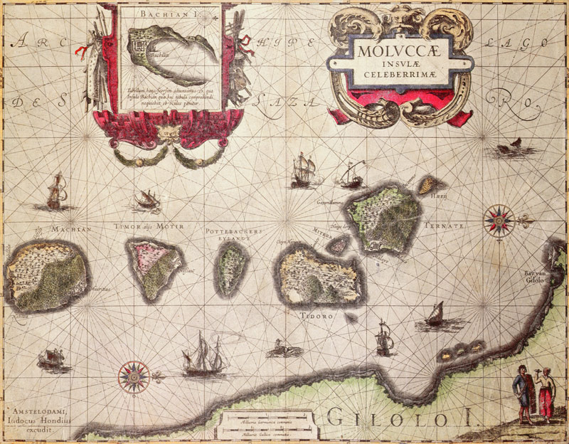 Map of The Moluccan Island; engraved by Jodocus Hondius (colour engraving) od Flemish School