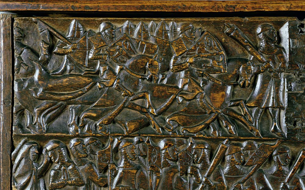The Courtrai Chest depicting two scenes from the Battle of the Golden Spurs fought in Courtrai in 13 od Flemish School