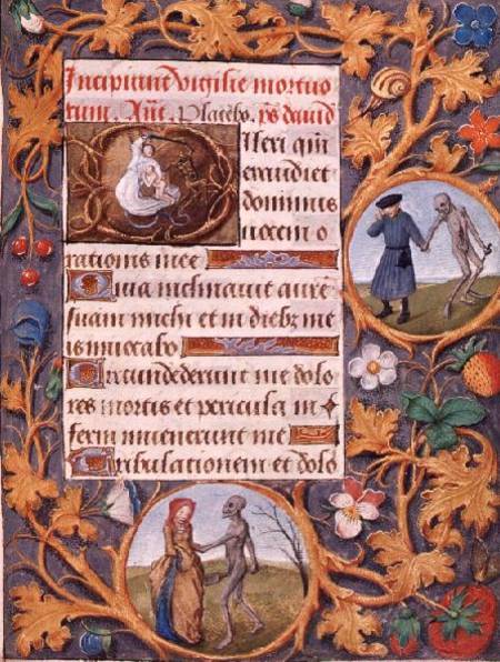 The Triumph of Death: text with historiated capital depicting the devil fighting an angel, with a fl od Flemish School