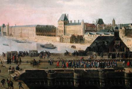 View of the Pont-Neuf and the River Seine looking downstream, detail of the bridge and the Louvre od Flemish School