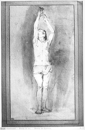 Young boy with a loincloth, both hands hanged on a small bar (pen, brown ink & wash on paper) od (follower of) Rembrandt Harmensz. van Rijn