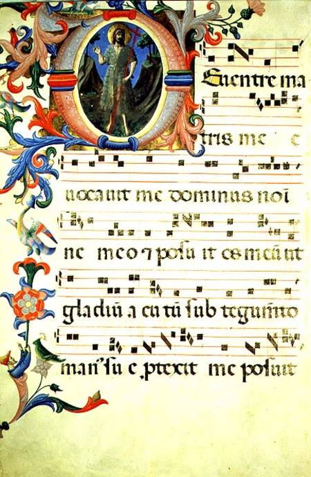 Ms 558 f.55v Page of choral notation with an historiated initial 'O' depicting St. John the Baptist, od Fra Beato Angelico