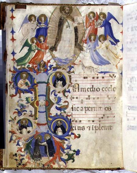 Ms 558 f.67v Page depicting St. Dominic and an historiated initial 'I' from a gradual book from San od Fra Beato Angelico