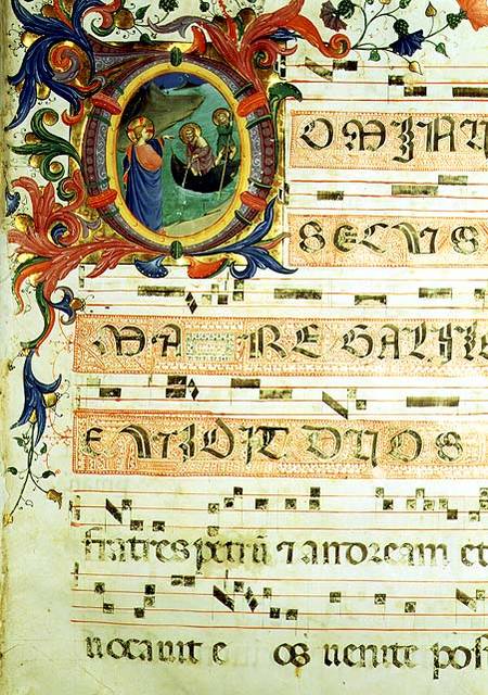 Ms 558 f.9r Historiated initial 'O' depicting the Calling of St. Peter and St. Andrew with musical n od Fra Beato Angelico