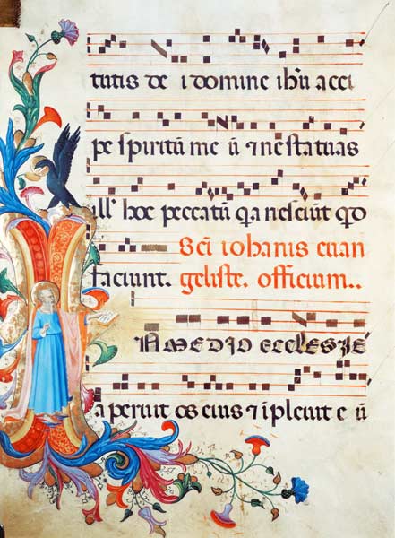 Ms 558 f.13v Historiated initial 'I' depicting St. John the Evangelist, with page of musical notatio od Fra Beato Angelico