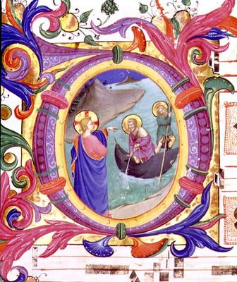 Missal 558 f.9r Historiated initial 'O' depicting the Miraculous Draught of Fishes (detail of 88928) od Fra Beato Angelico