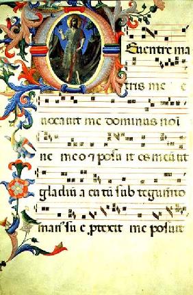 Ms 558 f.55v Page of choral notation with an historiated initial 'O' depicting St. John the Baptist,