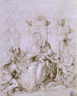 Madonna and Child enthroned with St. John the Baptist presented by an angel and St. Monica (pen and od Fra Bartolommeo