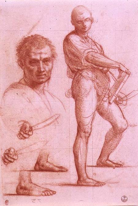 Study of a male holding a sword and a book, the sword and feet rehearsed twice, and a male head od Fra Bartolommeo
