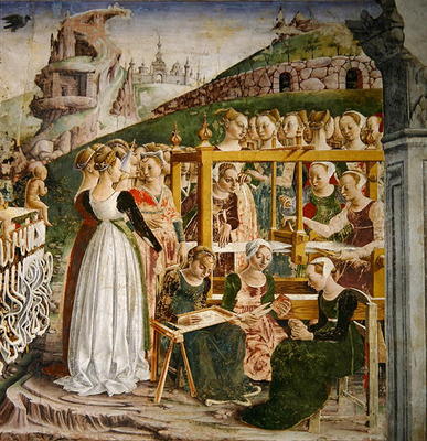 The Triumph of Minerva: March, from the Room of the Months, detail of the weavers, c.1467-70 (fresco od Francesco del Cossa