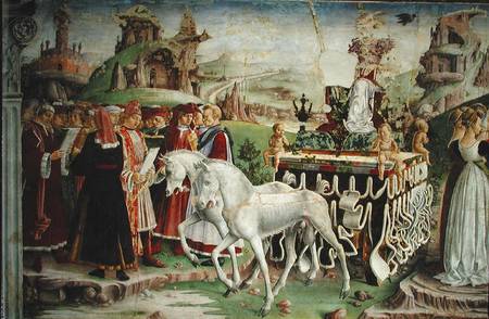 The Triumph of Minerva: March, from the Room of the Months, detail of the chariot and the group of s od Francesco del Cossa