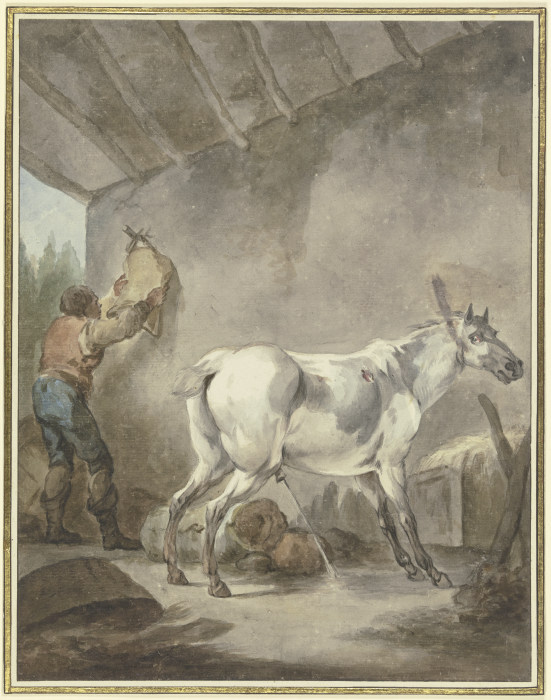 Ein stallender Schimmel mit einem Bauern, der einen Sattel aufhängt od Francesco Giuseppe Casanova