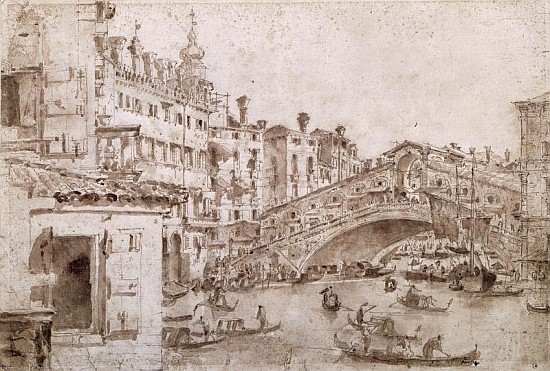 The Rialto Bridge, Venice (pen & brown ink on paper) od Francesco Guardi