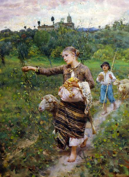 Shepherdess carrying a bunch of grapes od Francesco Paolo Michetti
