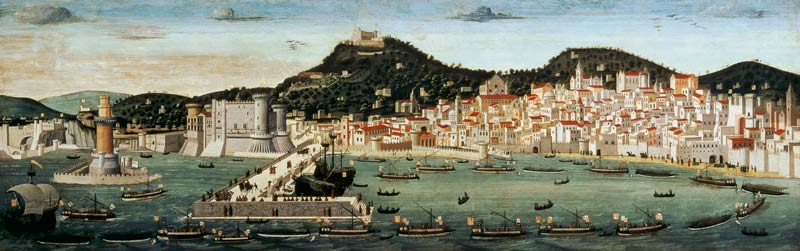 View of Naples depicting the Aragonese fleet re-entering the port after the Battle of Ischia in 1442 od Francesco Rosselli
