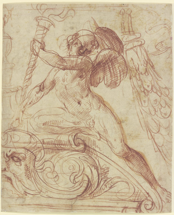Putto mit brennender Fackel auf einem Rundgiebel kniend od Francesco Salviati