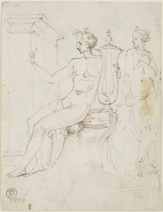 Sitzender Apoll mit Lyra und eine stehende Frau, links eine Mauer (aus Szenen der Marsyaslegende nac od Francesco Salviati