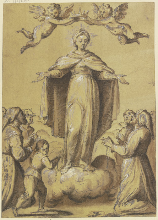 Maria auf Wolken stehend, zwischen Anbetenden mit Rosenkränzen od Francesco Vanni