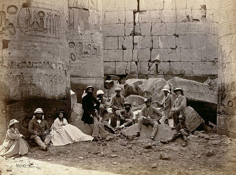Group photograph in the Hall of Columns, Karnak, Thebes, 1862 (b/w photo)  od Francis Bedford