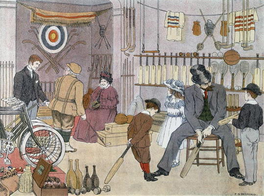 The Sports Shop, from 'The Book of Shops', 1899 (colour litho) od Francis Donkin Bedford