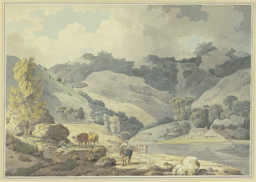 Gebirgslandschaft, auf dem Weg ein Mädchen zu Pferde, links zwei Kühe od Francis Wheatley