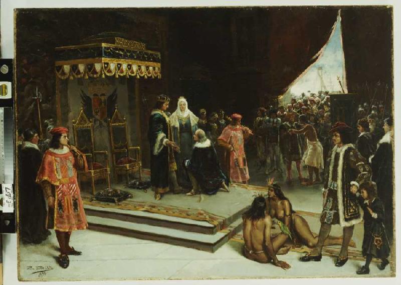Kolumbus am spanischen Hof nach seiner Rückkehr aus Amerika od Francisco Garcia Santa Olalla
