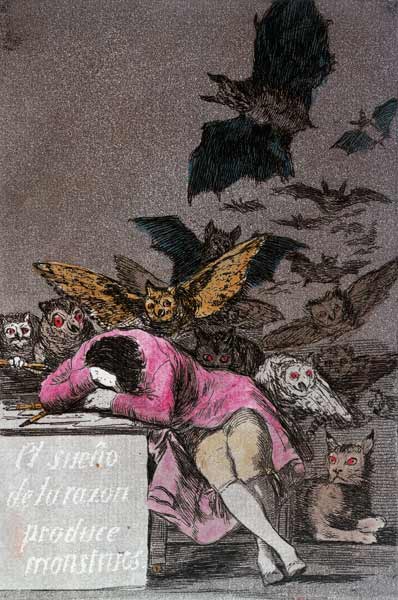 The Sleep of Reason Produces Monsters, plate 43 of 'Los Caprichos', published c.1810 (colour engravi od Francisco José de Goya
