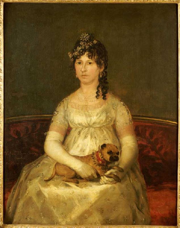 Portrait der Dona Francisca Vicenta Chollet y Caballero mit einem Schoßhund od Francisco José de Goya