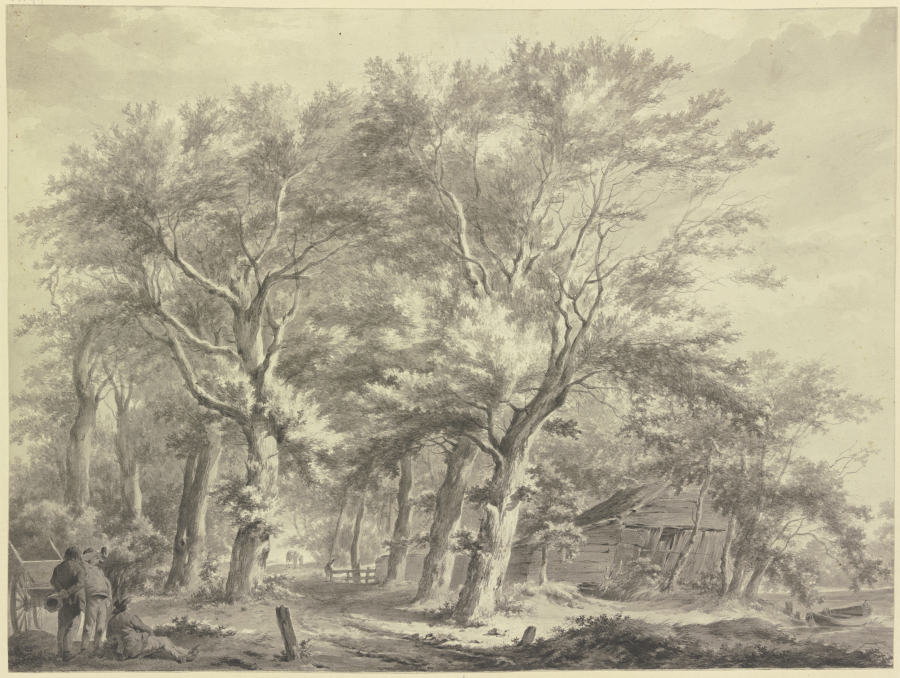 Weg durch einen Wald, rechts eine windschiefe Hütte, links drei Bauern bei einem Wagen od Franciscus Andreas Milatz