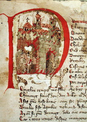 Ms Est 27 W 8.17 f.1r Historiated initial depicting Attila the Hun (c.406-453) burning the city of A od Franco-Italian School, (15th century)