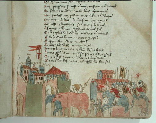 Ms Est 27 W 8.17 f.6r Peasants entering a town with their cattle and the arrival of Attila's army, f od Franco-Italian School, (15th century)