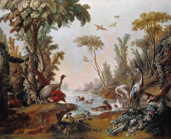 Lake with geese, storks, parrots and herons od François Boucher