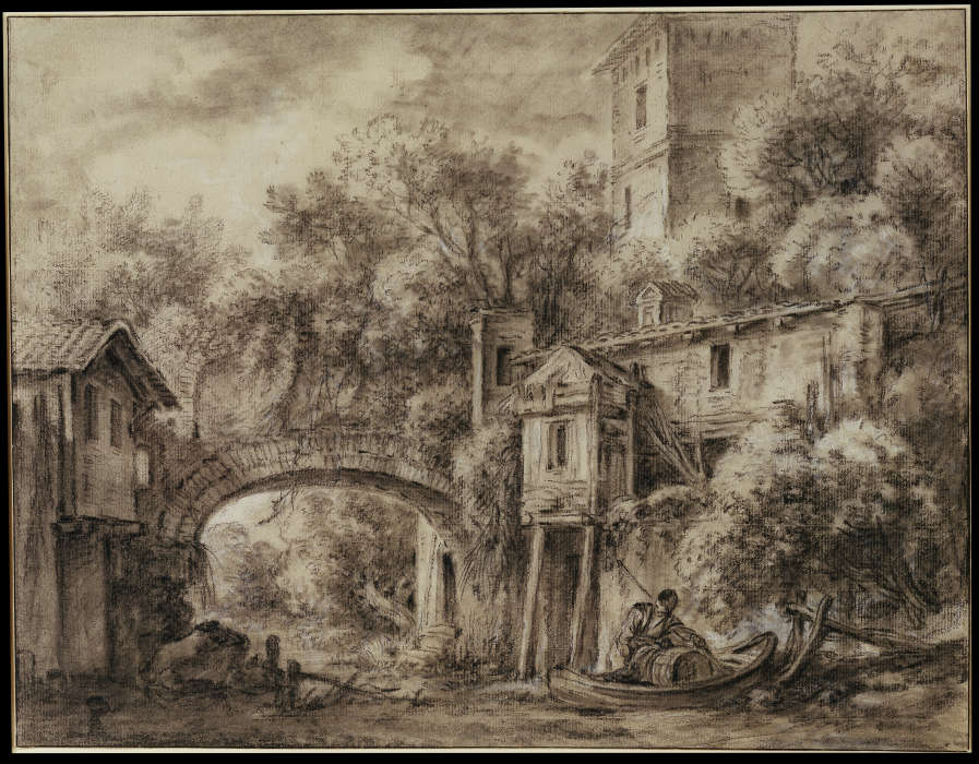 Architekturcapriccio mit der Mühle von Quiquengrogne bei Charenton od François Boucher