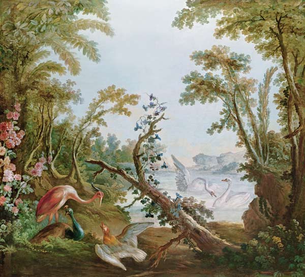 Lake with swans, a flamingo and various birds, from the salon of Gilles Demarteau od François Boucher
