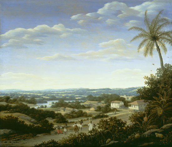 Brazilian landscape with natives on a road approaching a village od Frans Post