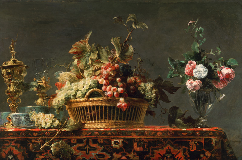 Quiet life with basket with grapes and a rose vase od Frans Snyders