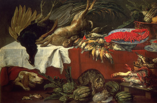 Quiet lives with game, lobster, birds, melons, dog and cat od Frans Snyders
