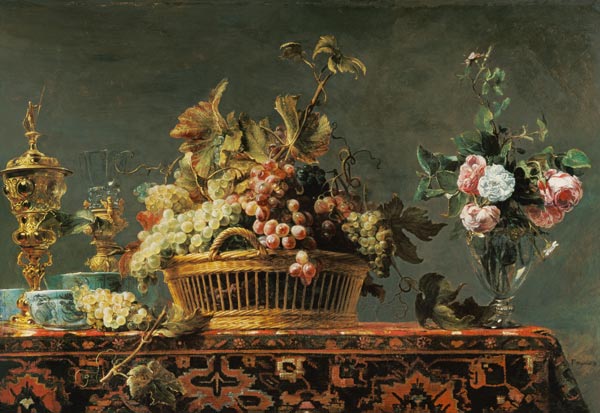 Grapes in a basket and roses in a vase od Frans Snyders
