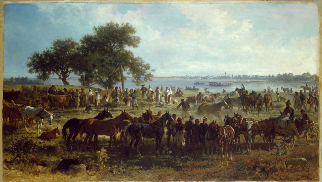 Schiffsfähre am Ufer der Theiss (Pferdemarkt am Ufer der Theiss) od Franz Adam