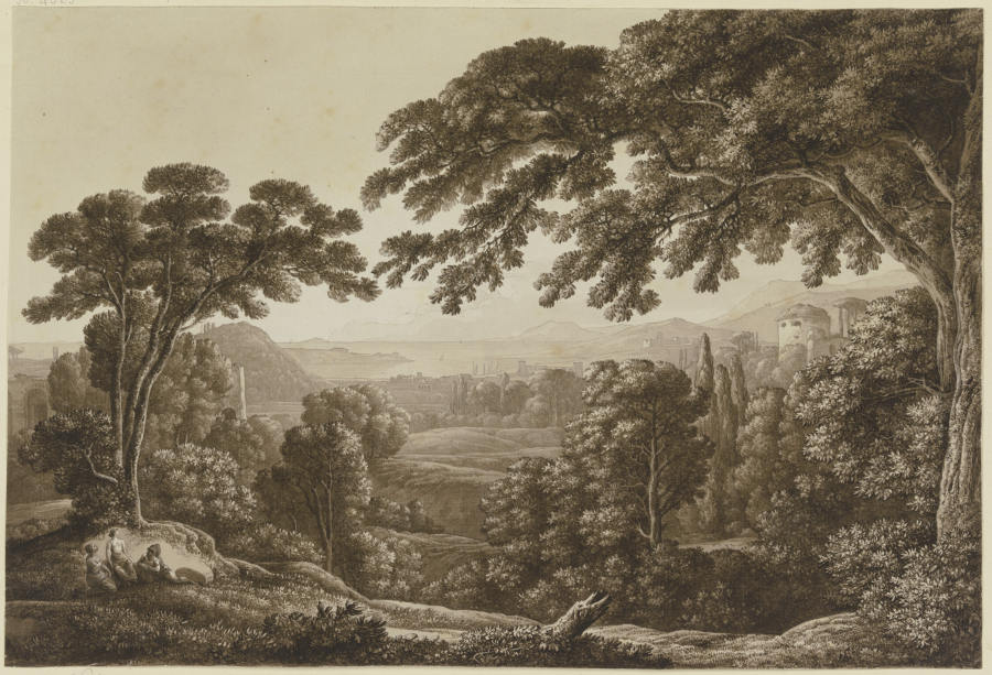 Baumreiche Berglandschaft mit Ruinen od Franz Innocenz Josef Kobell