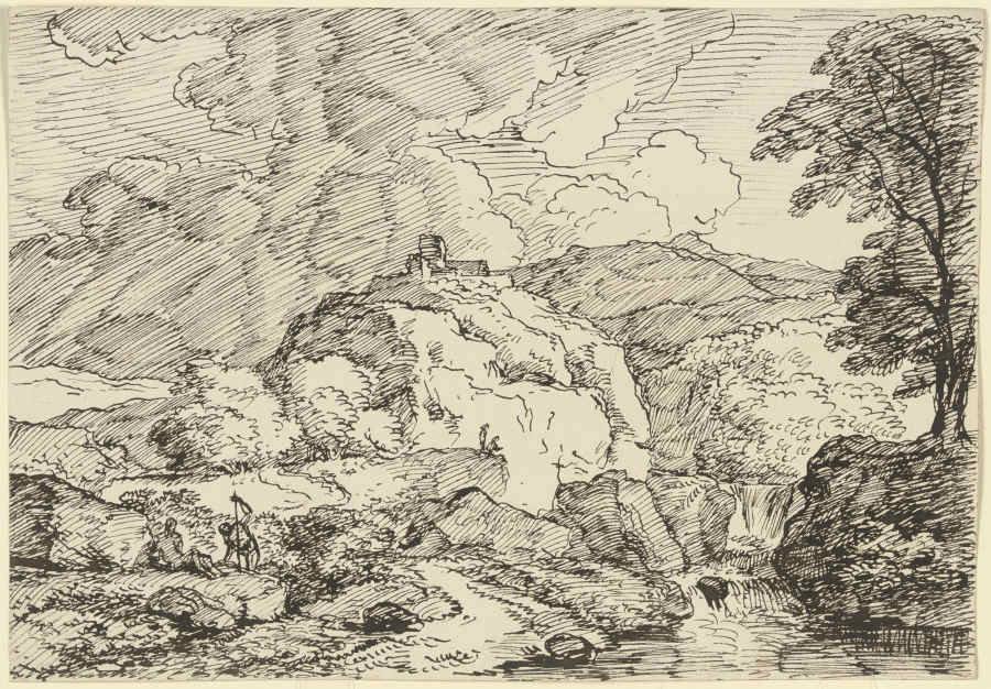 Berglandschaft mit einer Burg auf einem Felssporn und aufziehendem Gewitter, im Vordergrund zwei Wan od Franz Innocenz Josef Kobell