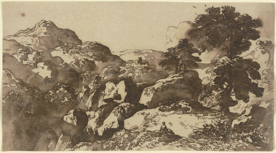 Berglandschaft mit weidenden Schafen, im Mittelgrund eine Burg od Franz Innocenz Josef Kobell